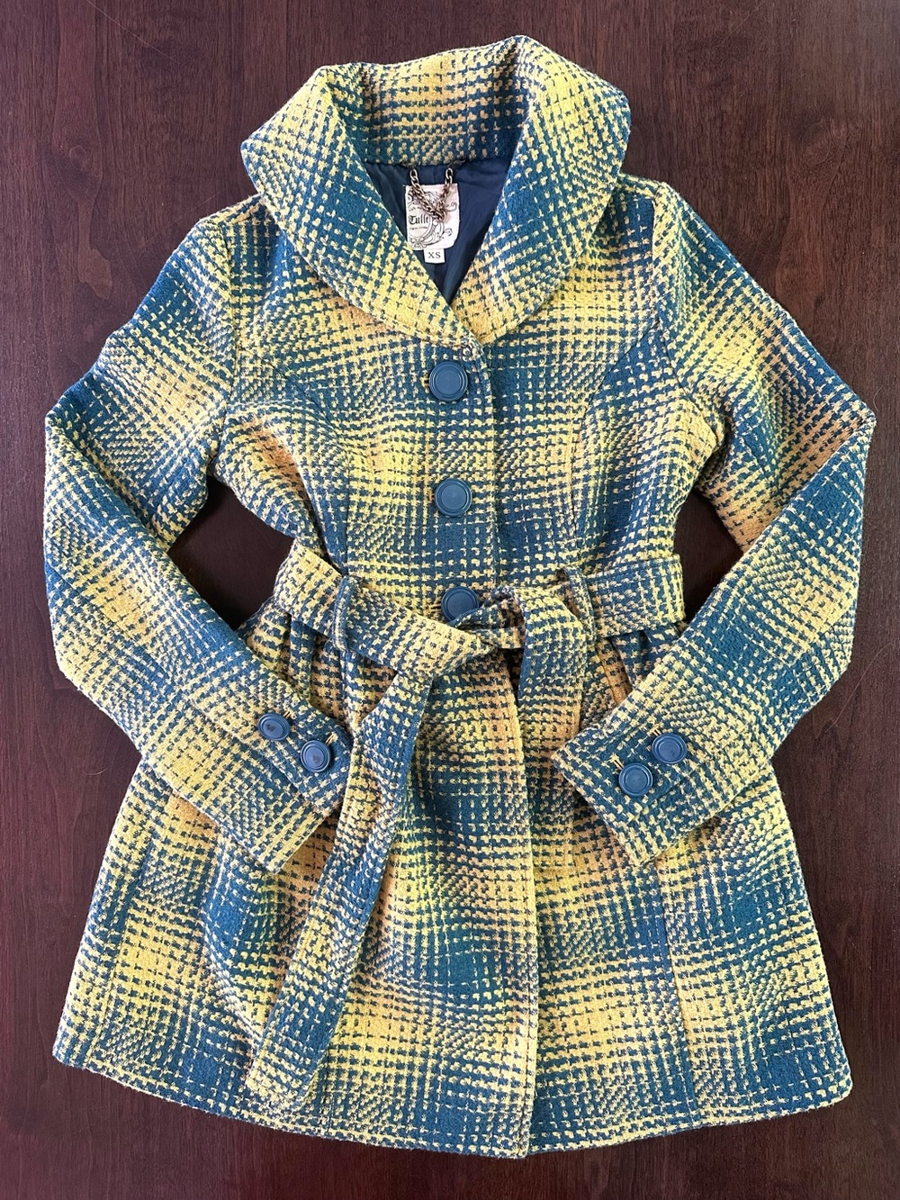 Anthropologie Tulle Vintage Style Shawl Collar Yellow Teal Blue Belted Coat XS